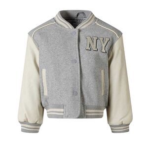 Minoti Girls New York Contrast Appliqué Patch Varsity Jacket / Light Grey
